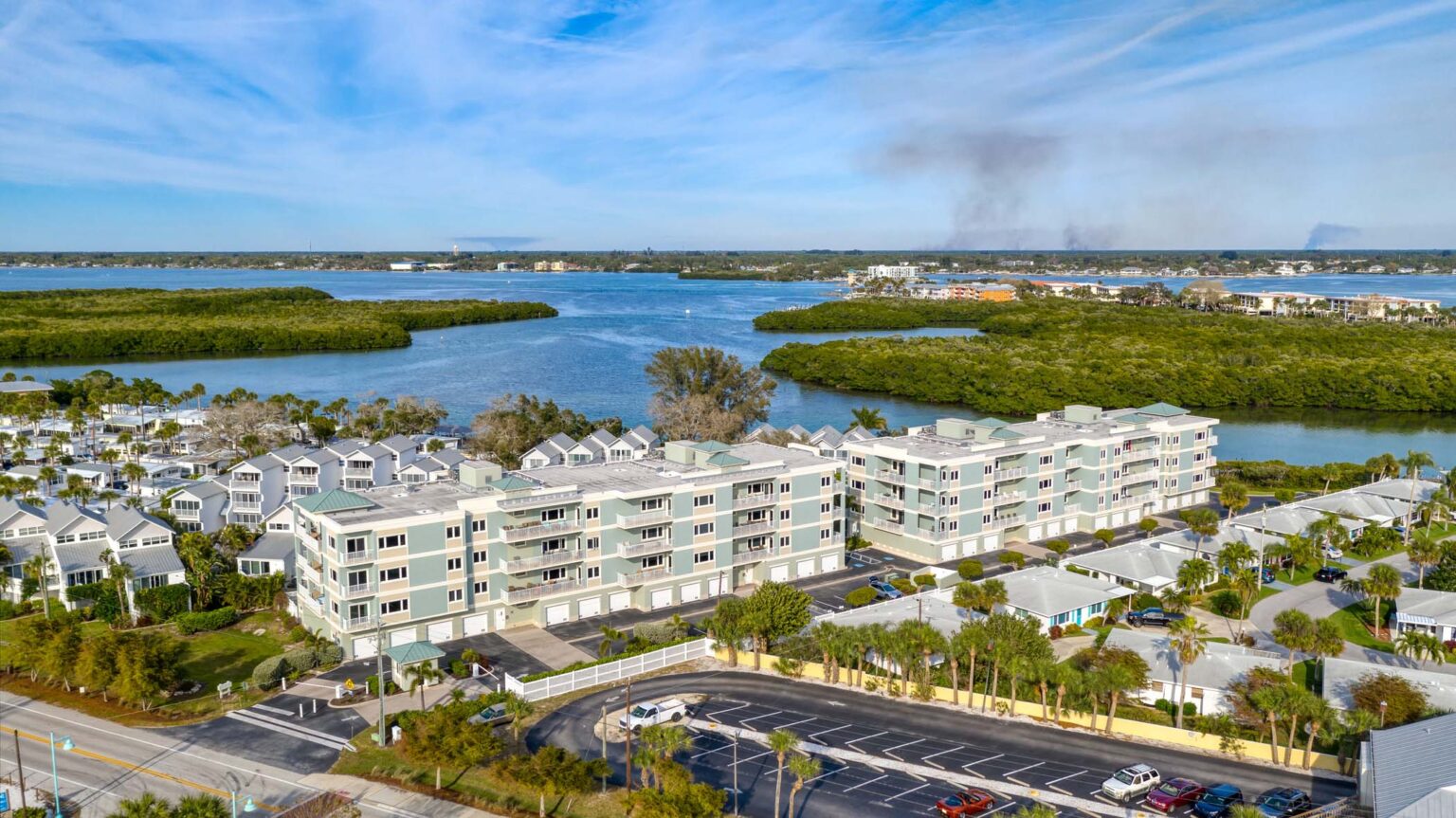 aerial of Sunrise Pointe condominium buildings with Intracoastal in background