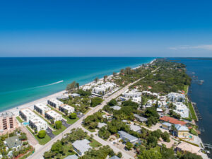 aerial view of Manasota Key with La Coquina condo buildings in foreground