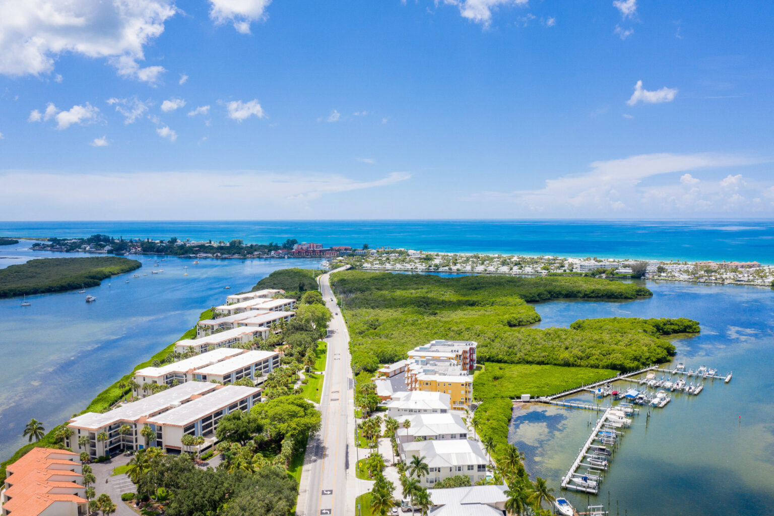 view of Sandpiper Key (looking west) with condo buildings on the left side