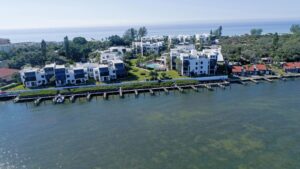 aerial of Tamarind Bay with several boat docks