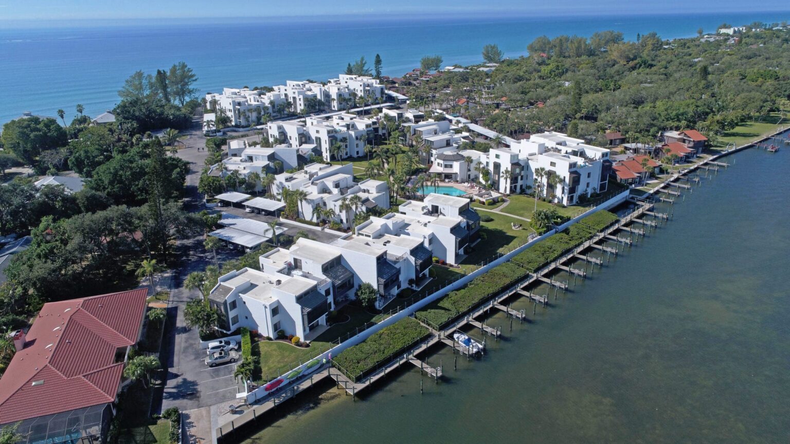 aerial of Tamarind Bay with several boat docks