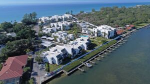 aerial of Tamarind Bay with several boat docks